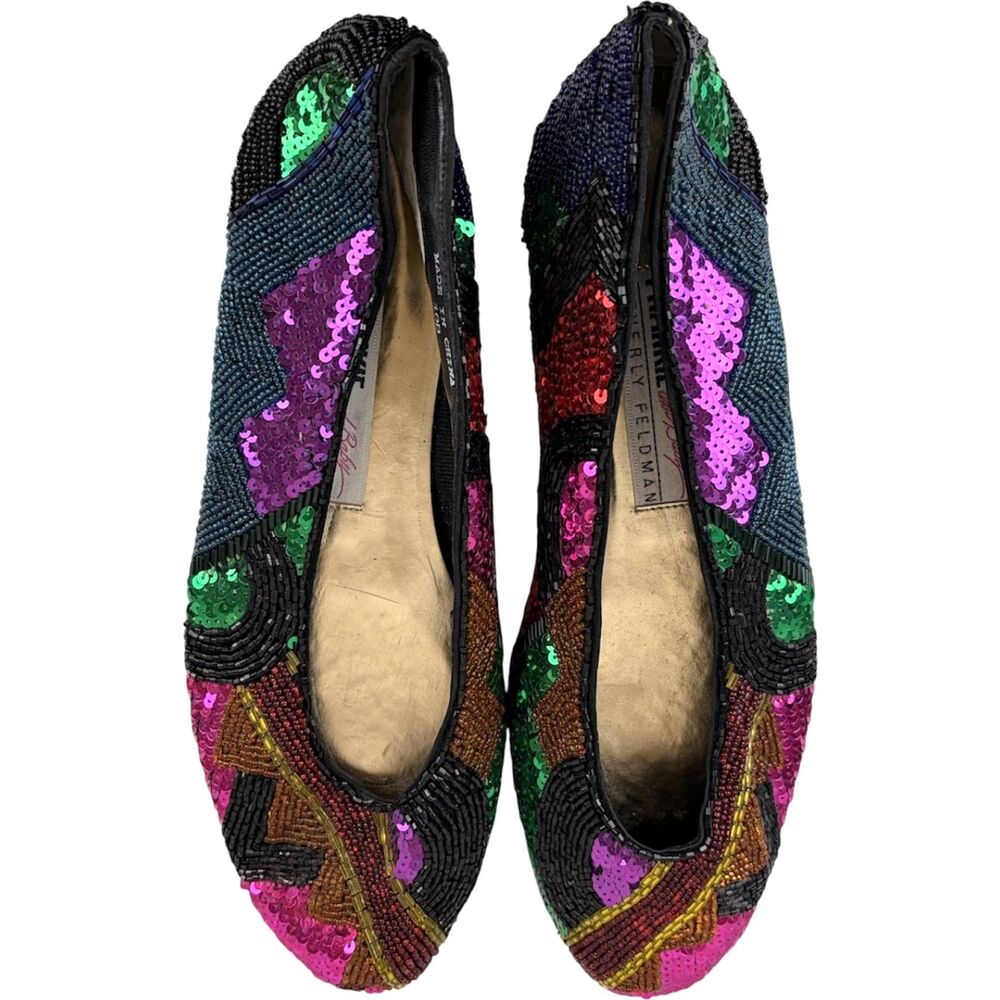Vintage Frankie and Baby Beverly Feldman Beaded Sequin Flats Size10B Jewel Tone
